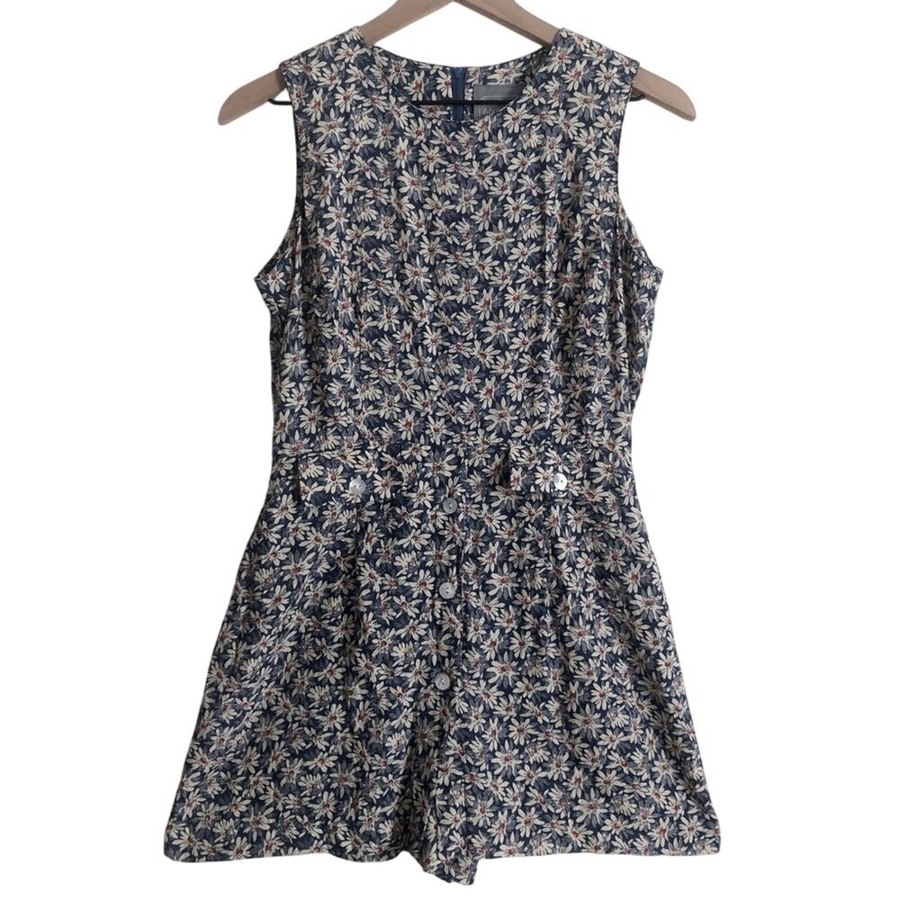 Vintage 90s Carol Anderson Petite Blue White Daisy Floral Button Jumpsuit Romper
